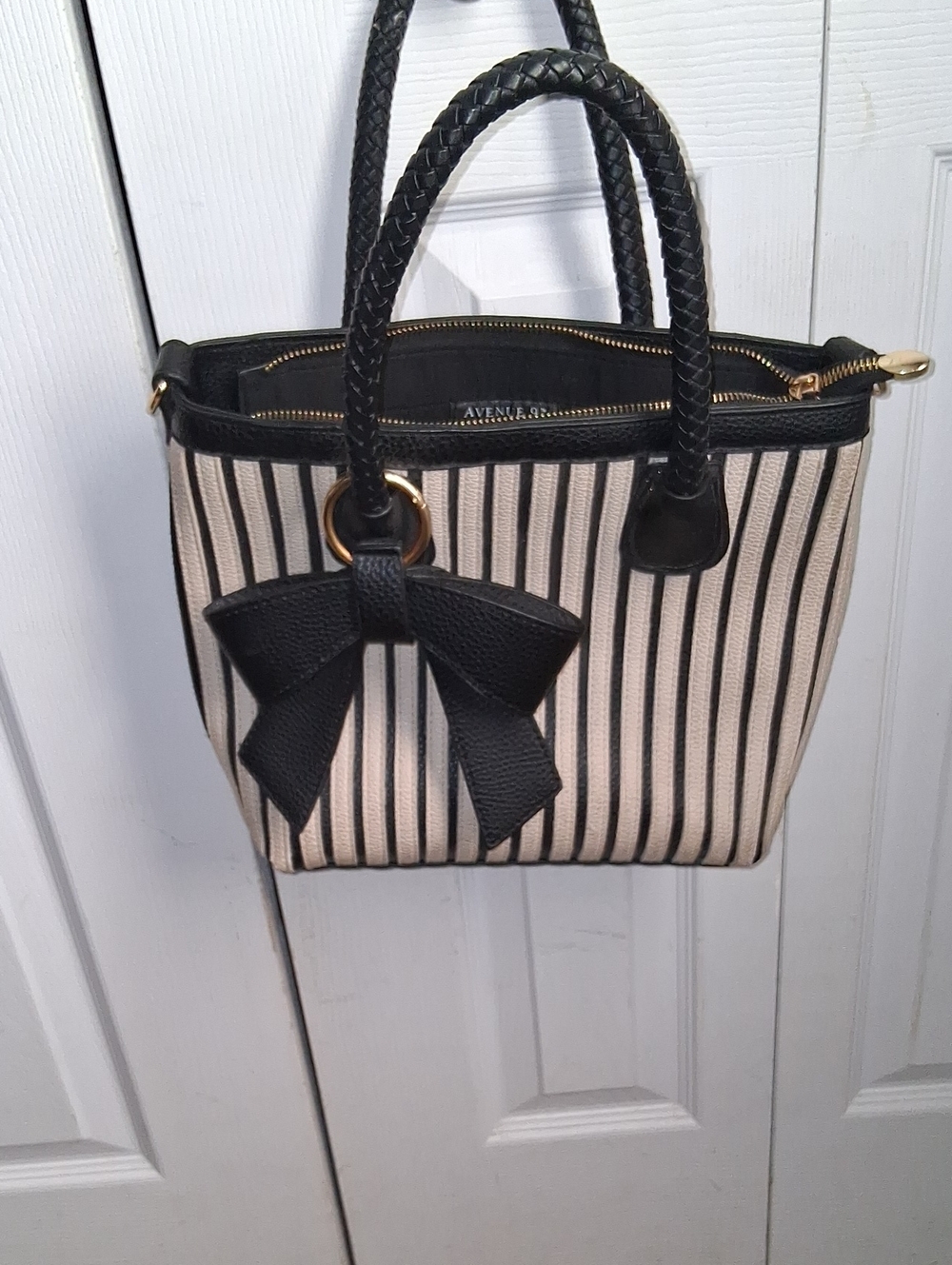 Avenue Black & Cream Striped Tote with Braided Handles and Bow